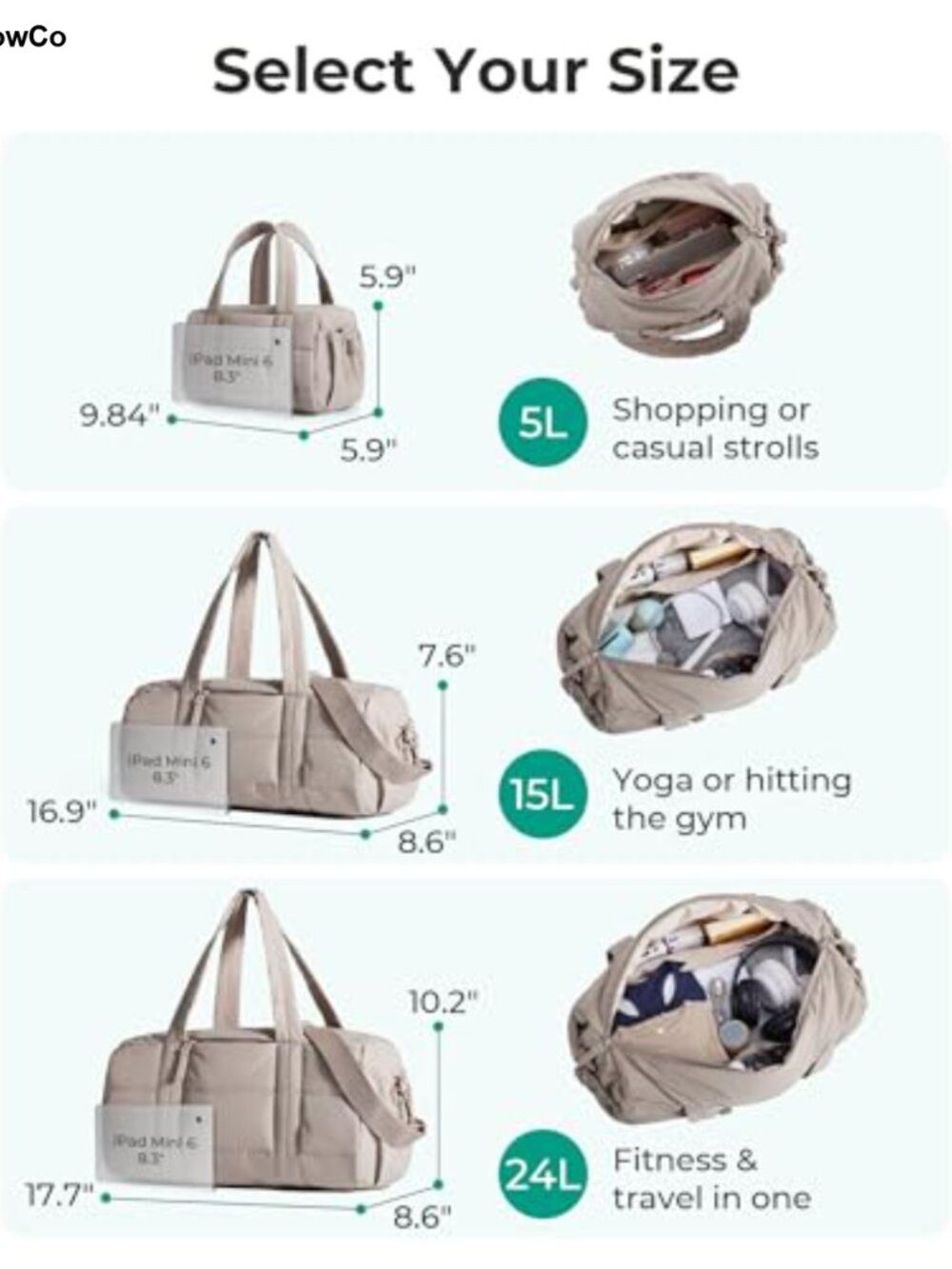 Puffy Quilted Nylon Gym Duffle Bag with Yoga Mat Straps 24L - Picture 2 of 6